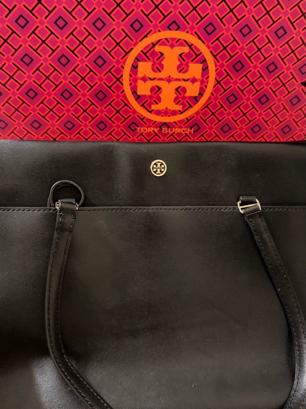 Tory Burch Black Leather Tote with Gold Logo